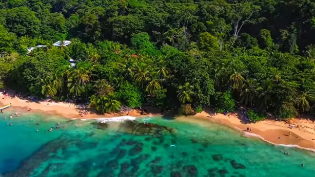 Vue aérienne d’une plage aux eaux turquoise et limpides, bordée d’une végétation tropicale luxuriante et d’un rivage sablonneux.