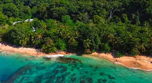 Luchtbeeld van een strand met helder turquoise water, weelderige tropische begroeiing en een zandstrand.