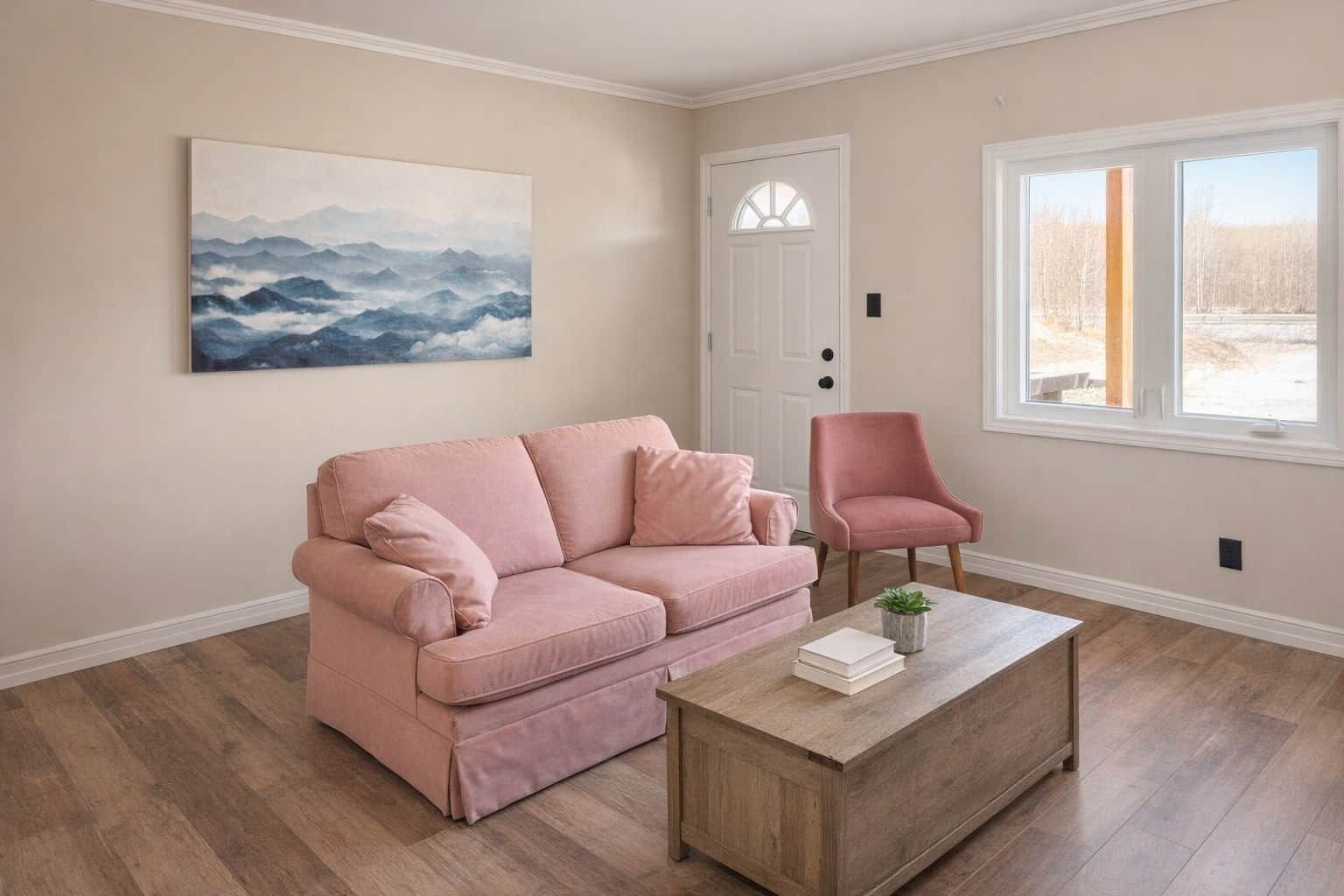 A room with a pink sofa, a matching armchair, a wooden coffee table with a book and a plant, a large painting, and a door with a window.