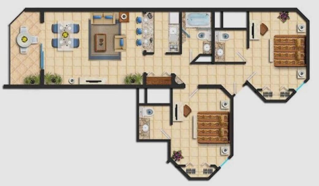 A floor plan of a hotel with a kitchen, dining area, two bedrooms, a bathroom, and a living room.