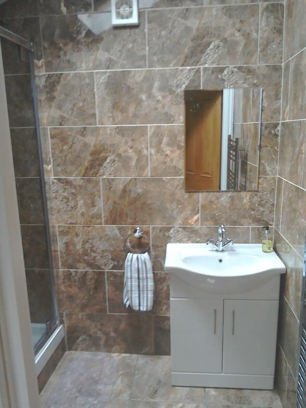 Hair dryer, towels, soap, toilet paper