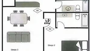 A hotel layout with two bedrooms, a kitchen, a dining area, a mechanical room, and an exit. - Ski & Golf Getaway Suite - private hot tub - 2 bed (Kimberley)