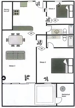Un plan d’hôtel comprenant deux chambres, une cuisine, un coin repas, une salle des machines et une sortie.
