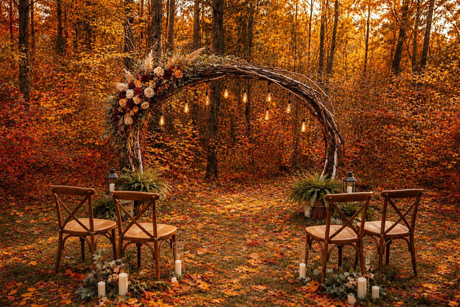 Ein draußen aufgestelltes Hochzeitstor, verziert mit Blumen und Kerzen, umgeben von Stühlen und Herbstlaub.