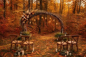 An outdoor wedding arch decorated with flowers and candles, surrounded by chairs and autumn leaves.