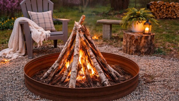 A campfire in a metal fire pit surrounded by gravel, a wooden chair with a plaid cushion, and a bench with a plant on a tree stump.