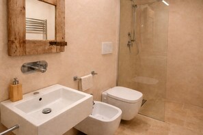 Regadera, secadora de cabello, bidet, toallas 
