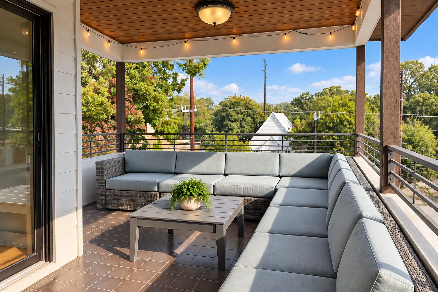 Un espace extérieur aménagé, abrité, avec un canapé et une table, un pot de fleurs, et une vue sur des arbres et une maison en arrière-plan.