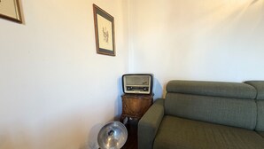 A corner of a room with a green sofa, a small wooden cabinet with a vintage radio, and a framed picture on the wall. - Enchantment of the Lake app Menaggio two-room apartment with bathroom and balcony (Molina)
