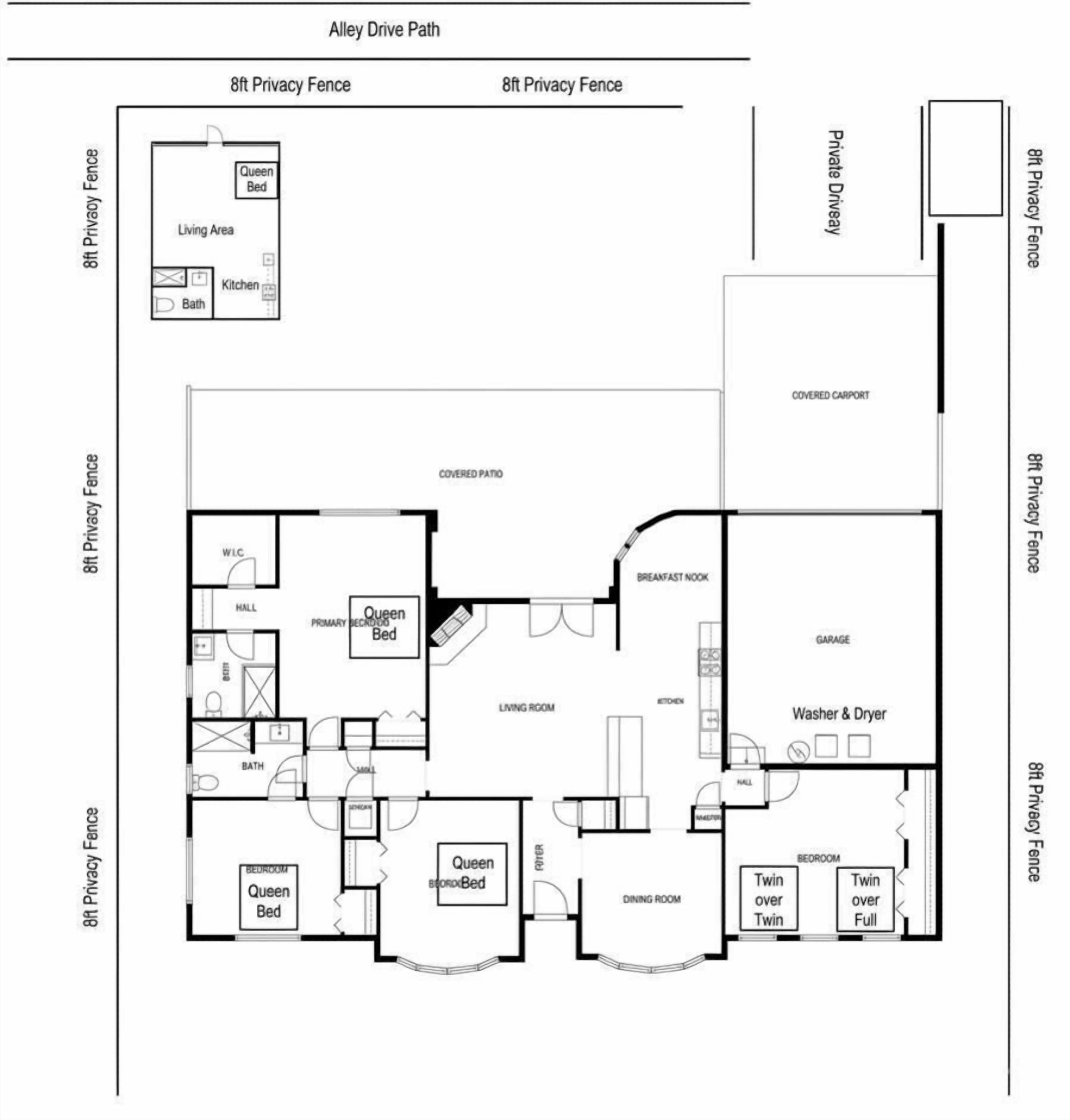 Een plattegrond van een pand met een 2,4 meter hoge privacy-schutting, inclusief een overdekte carport, een eigen oprit, een leefruimte met keuken, een badkamer, een eetkamer, een slaapkamer en een badkamer.