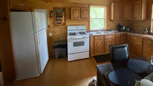 A cabin-style kitchen with wooden walls, a refrigerator, stove, sink, and cabinets. - The Cottage on Robin Hood Lake Off Grid Adventures (Grand Bay-Westfield)