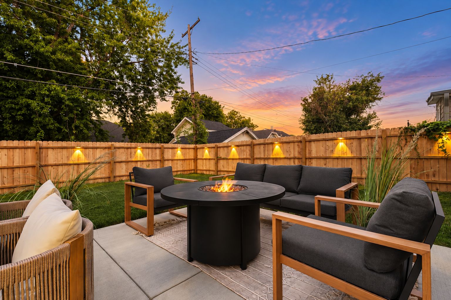 Een achtertuin met terras, een ronde tafel, stoelen en een vuurkuil.