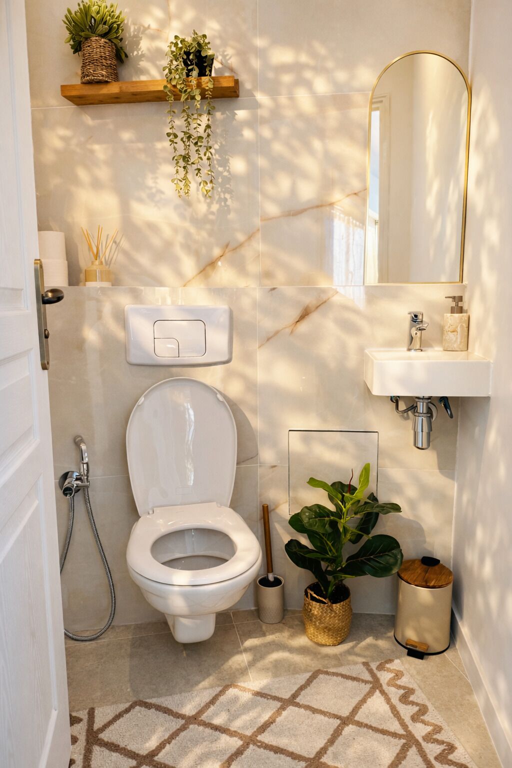 A bathroom with a toilet, shower, sink, mirror, and decorative plants.