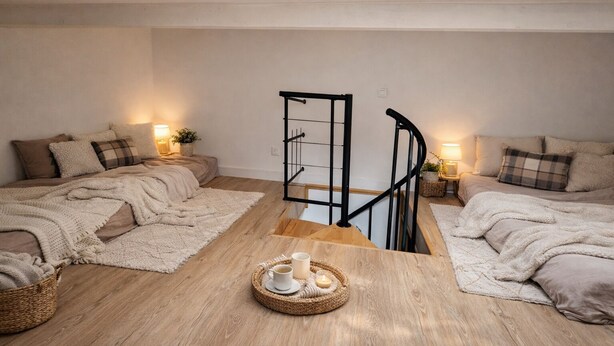A cozy loft bedroom with a wooden staircase, two beds, and a dining table with a candle. - New cosy home & private garden -Near Paris - Free parking (Franconville)
