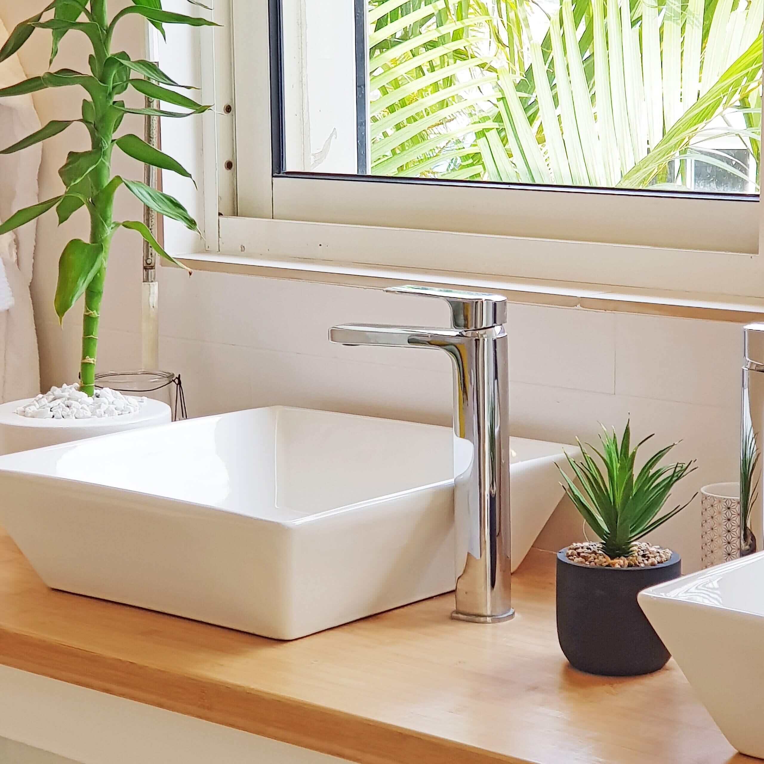 Een badkamer met een wit wastafel, een chromen kraan, een raam met uitzicht op palmbladeren en een kleine potplant op het aanrecht.