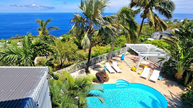A pool with a view of the ocean, surrounded by palm trees and lounge chairs.