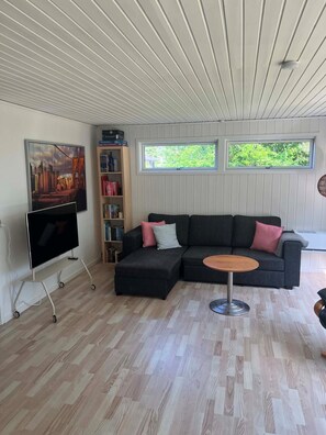 Un soggiorno moderno con un divano componibile, una TV a schermo piatto su un mobile, una libreria e due finestre con vista sul verde.