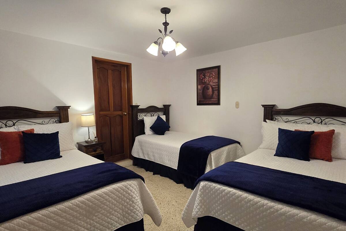 Habitación de hotel con dos camas, una puerta de madera, un cuadro en la pared y una lámpara en el techo.