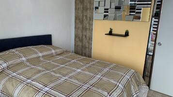 Un dormitori amb un llit, una porta, un mirall i una estanteria amb plantes.