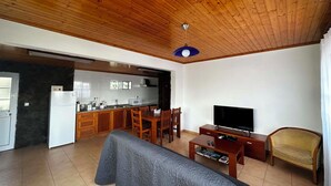 A living room with a sofa, TV, wooden dining table, and chairs. - Retiro dos Cabritos (Madalena)