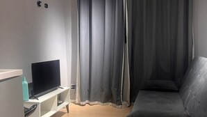 Een woonkamer met een flatscreen televisie op een standaard, een grijze bank en een raam met grijze gordijnen.