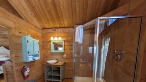 Ein Badezimmer einer Holzhütte mit einer Glasdusche, einem Waschbecken, einem Spiegel und einem Schrank.