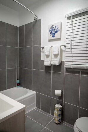 Secadora de cabello, toallas, jabón, papel de baño 