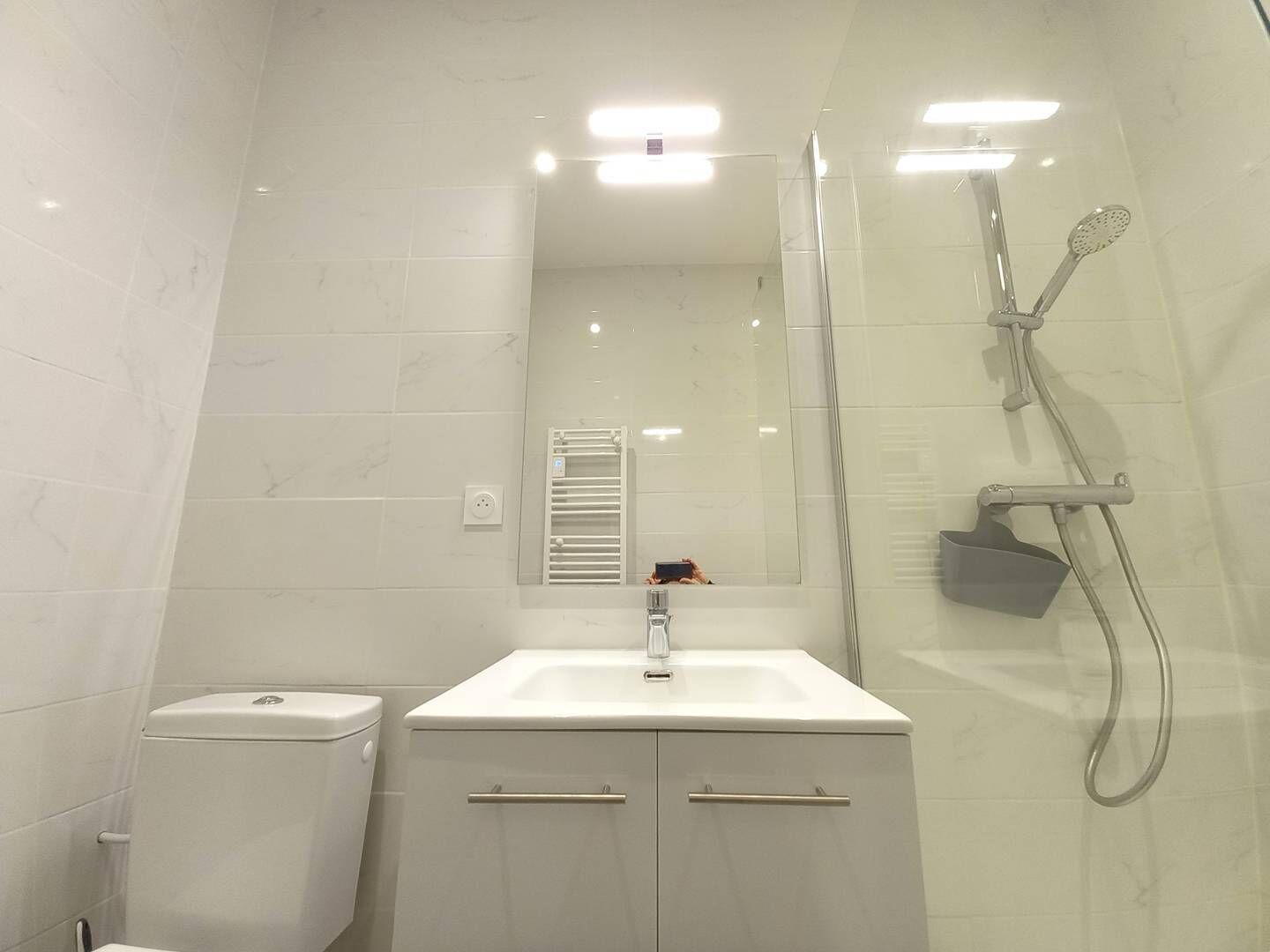 Een badkamer met een wit wastafel, toilet, spiegel en douche met een handdouche.