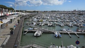 Una marina con numerose imbarcazioni ormeggiate, una passeggiata pedonale e un cielo sereno.