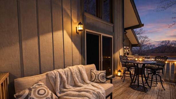 A wooden deck with a sofa and chairs, a table with candles, and a lantern. - Slopeside Lodge at Sugar Mountain - Ski In/Out, Views, Near Water, Gas Fireplace (Sugar Mountain)