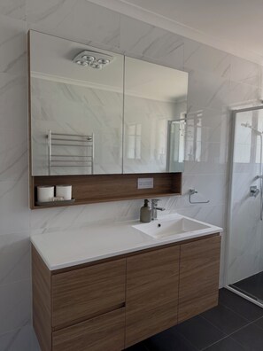 Een moderne badkamer met een grote spiegel, een witte wastafel, houten kastjes en een douche.
