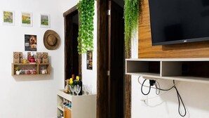 Un salon avec un téléviseur à écran plat fixé à un mur en bois, un meuble blanc agrémenté d’objets décoratifs, une porte ornée d’une plante suspendue et un petit tapis sur le sol.