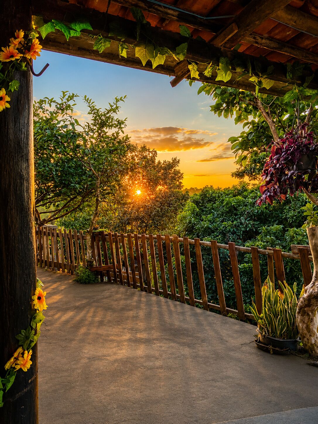 A wooden pathway leading to a covered area with a view of the sunset and surrounding greenery.