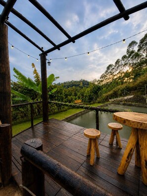 An outdoor wooden deck with a view of a river and greenery.