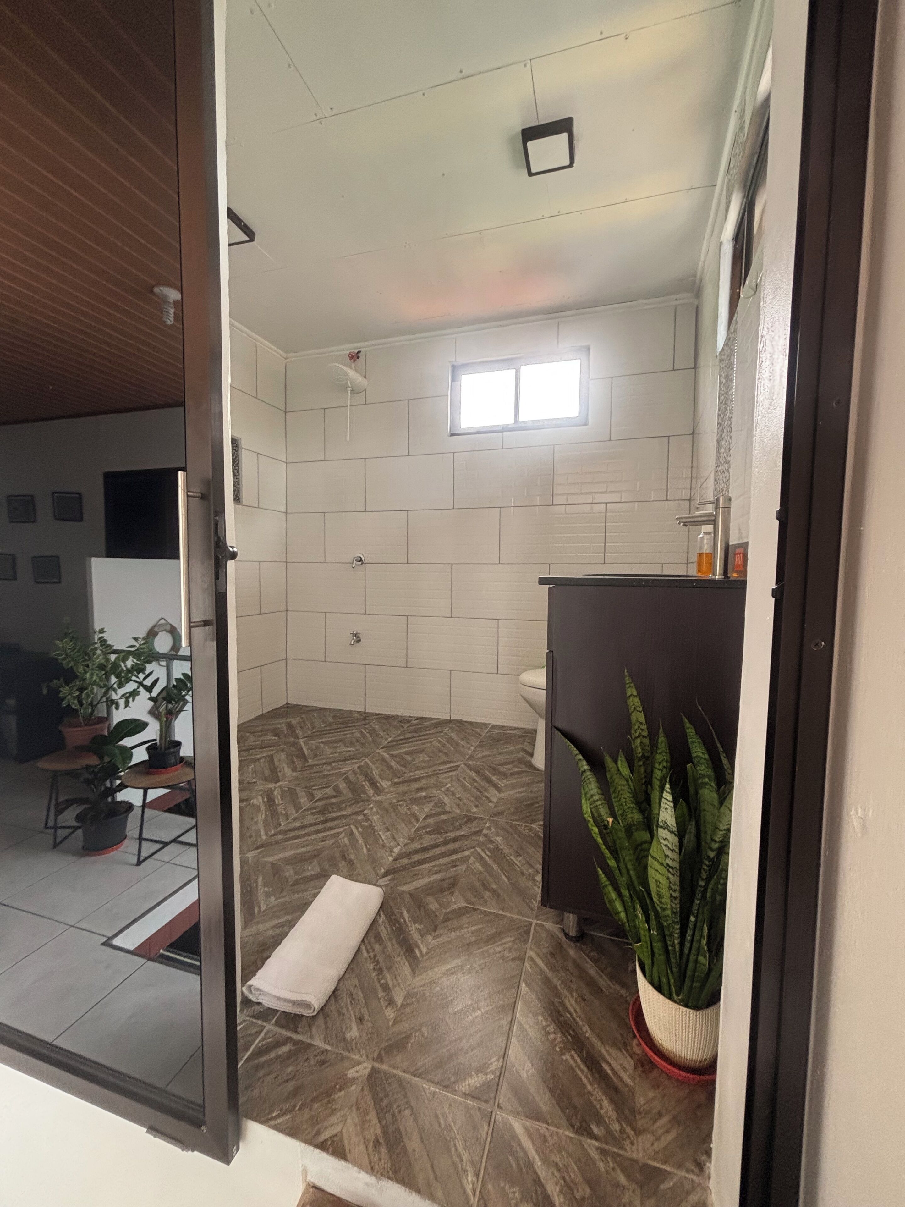 Hair dryer, towels, soap, toilet paper