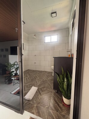 Hair dryer, towels, soap, toilet paper