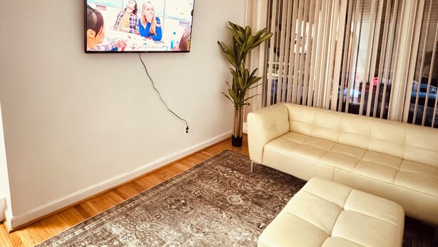 A living room with a flat-screen TV mounted on the wall, a beige sofa, a patterned rug, and a potted plant.