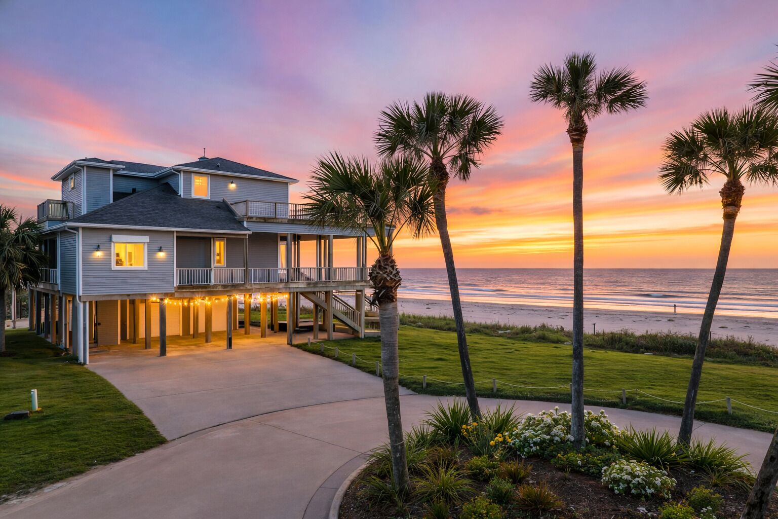 Une maison de deux étages située en bord de mer, dotée d’un balcon, de palmiers et offrant une vue sur l’océan au coucher du soleil.