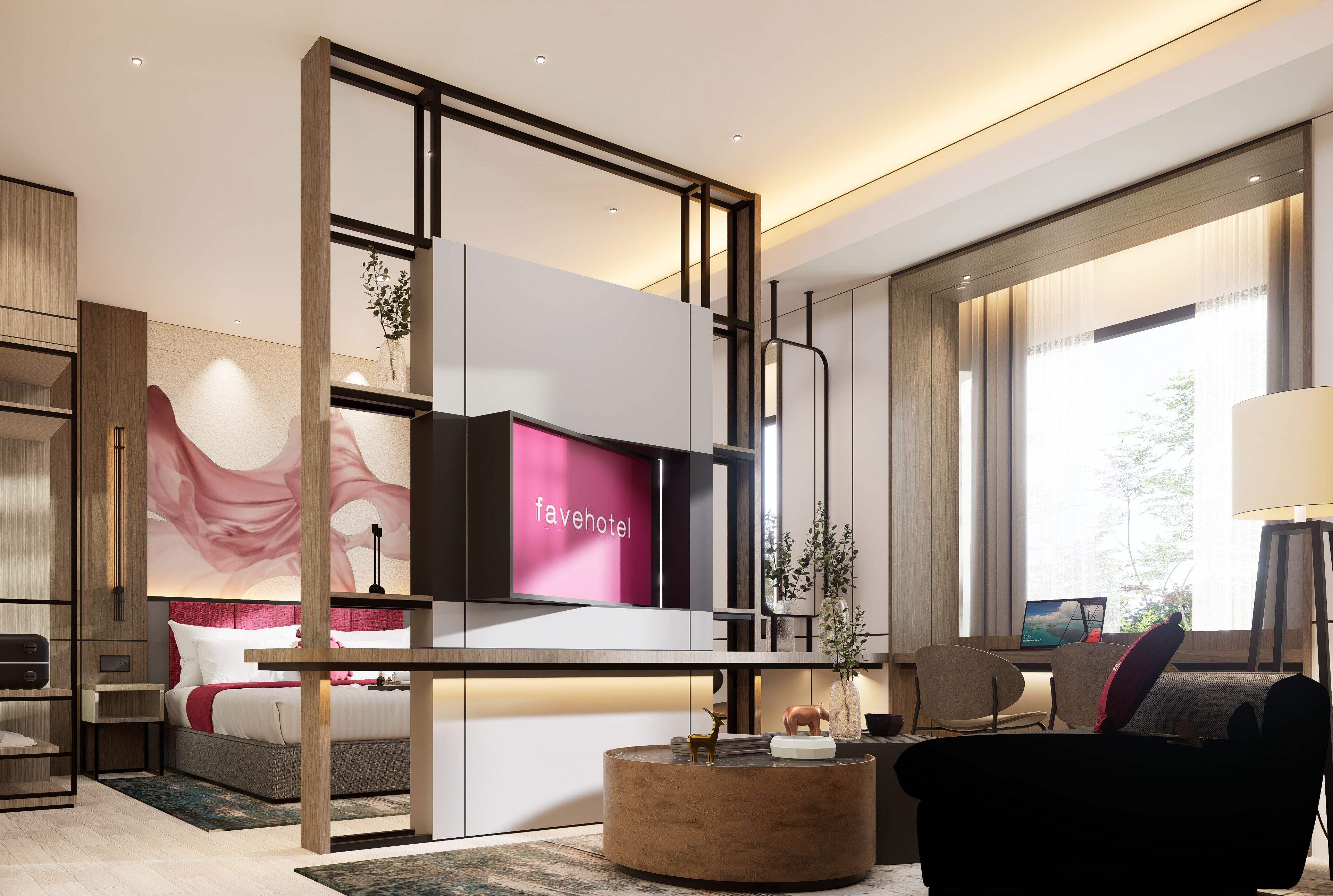 A modern hotel room with a bed, a desk, a chair, a round coffee table, and a TV.