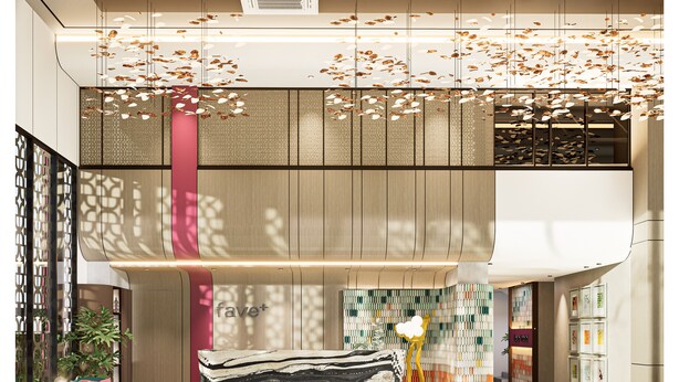 Un moderno vestíbulo de hotel con una zona de estar, un techo decorativo y una pared con cuadros.