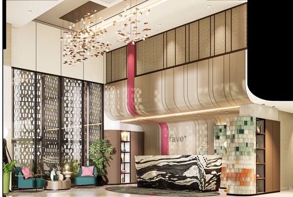 A modern lobby with a seating area, decorative panels, and a 'fave+' sign. - Fave+ Hotel Lampung (Bandar Lampung)