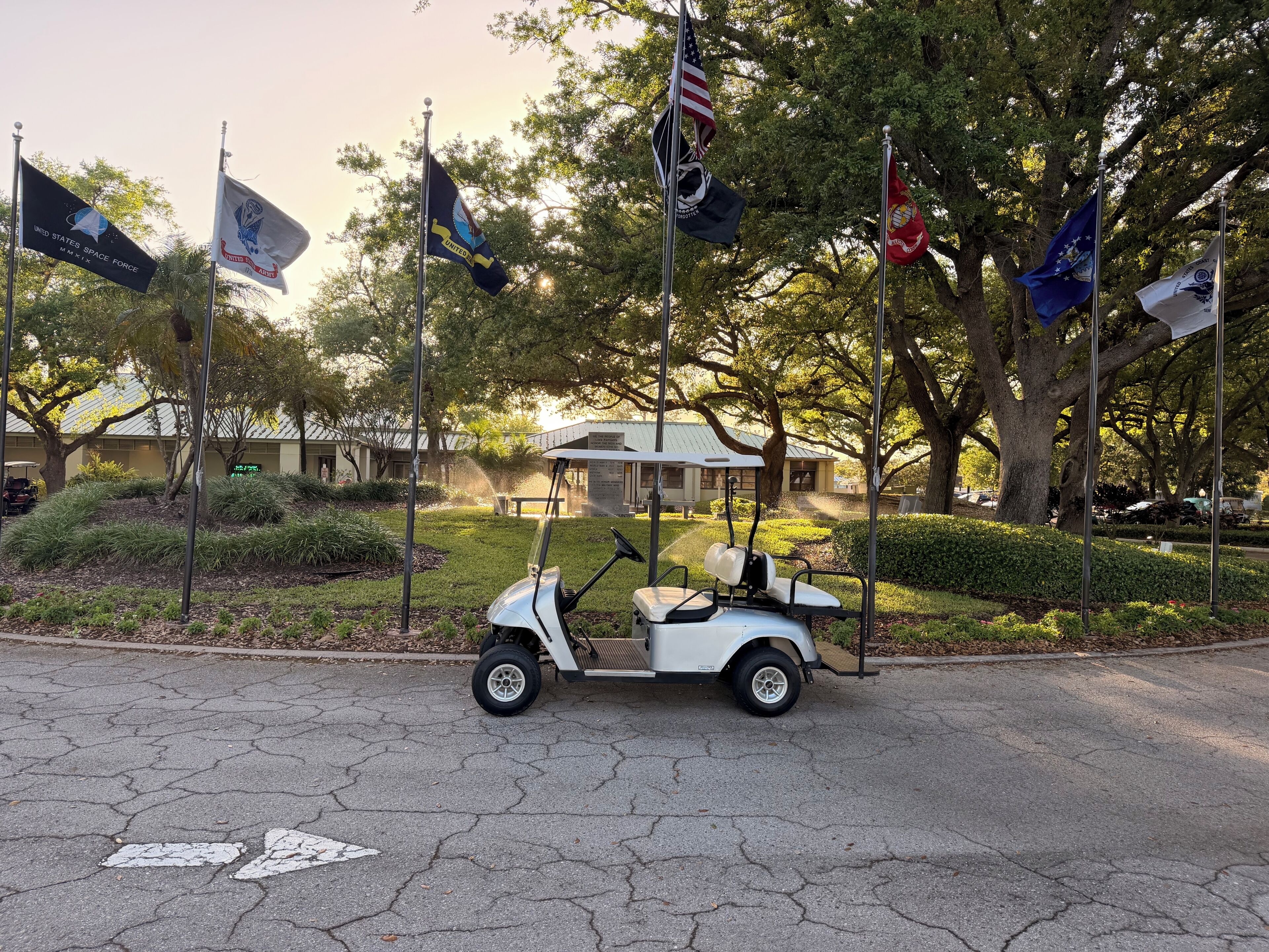 Un carrito de golf estacionado en un estacionamiento con varias banderas, árboles y un edificio al fondo.