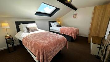 A bedroom with two beds, a skylight, a bedside lamp, and a wooden wardrobe.