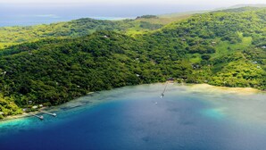 An aerial view of a tropical island with lush greenery, clear blue waters, and a small dock. - Koro Island Resorts Fiji (Koro Island)