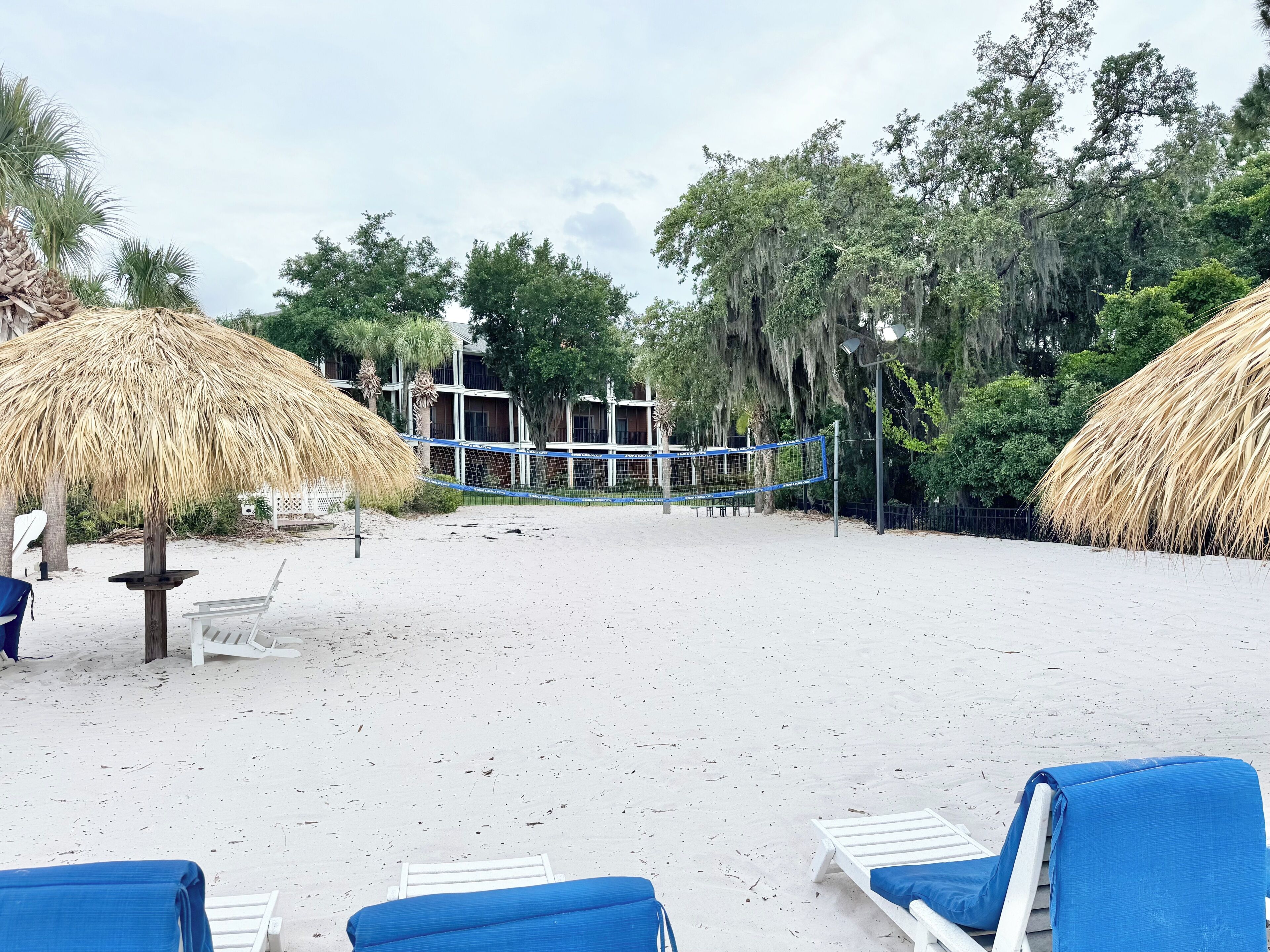 A beach with thatched umbrellas, lounge chairs, and a volleyball net.