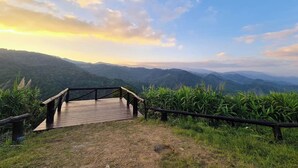 Una plataforma de madera con barandillas que da vista a un paisaje montañoso.