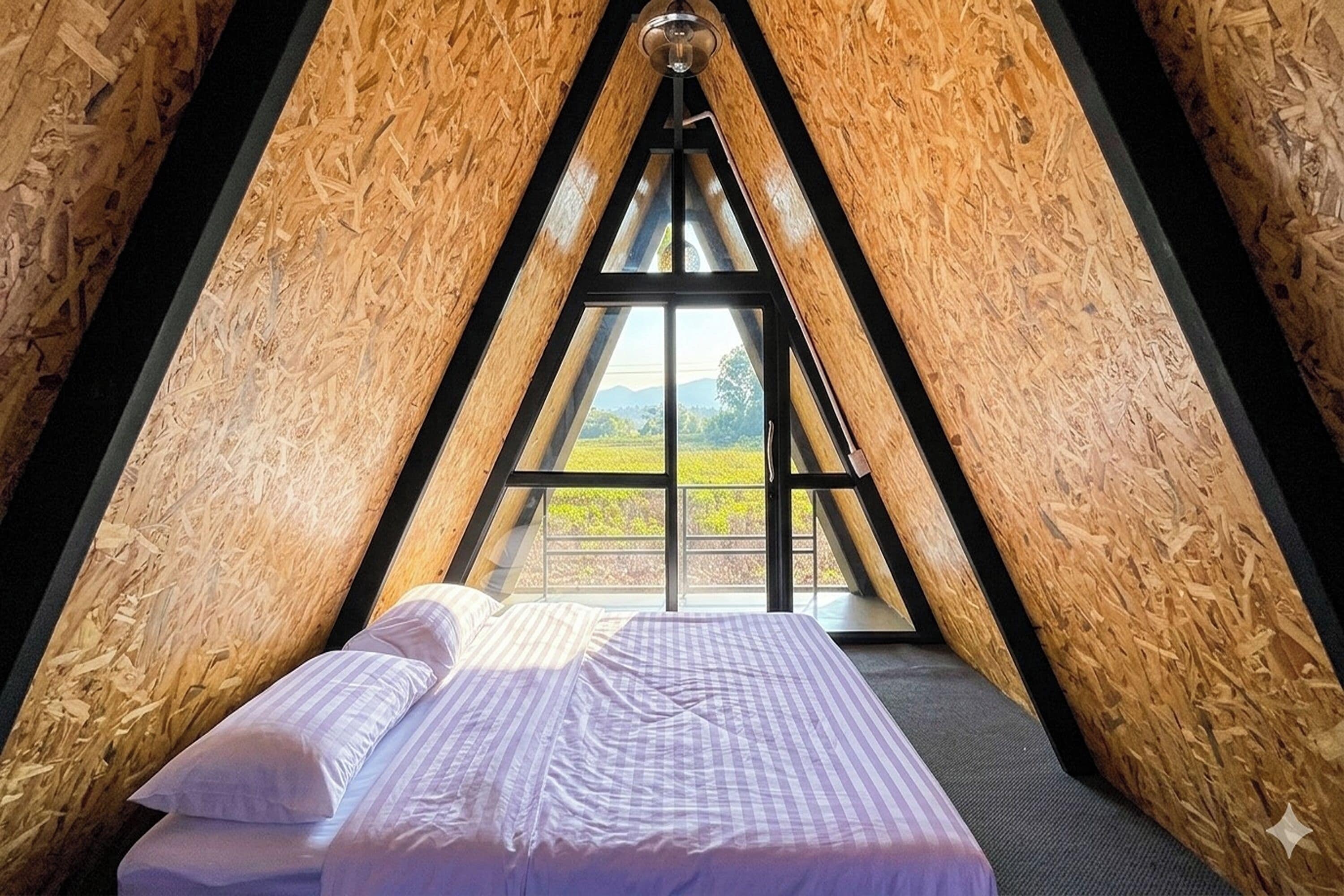 Una habitación triangular con una cama, una ventana y paredes de madera.