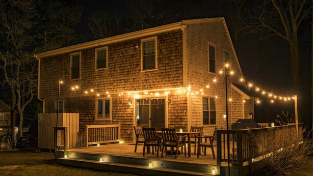 A two-story house with a deck, outdoor seating, and string lights. - 3BR Coastal Retreat ON Cape Cod Rail Trail near Nauset Light & Coast Guard Beach (Eastham)