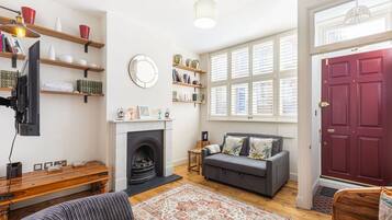 TV, fireplace, books