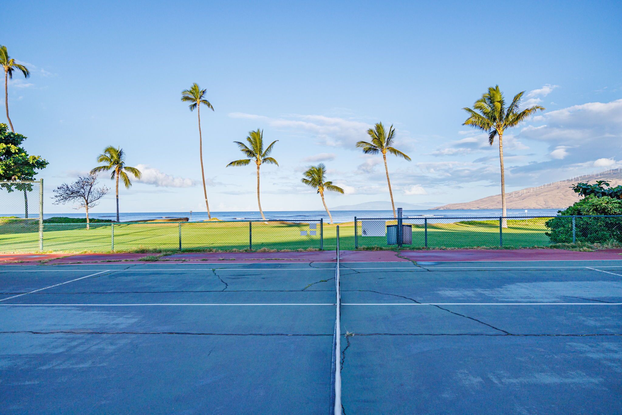 Una cancha de tenis con vista al océano y palmeras.